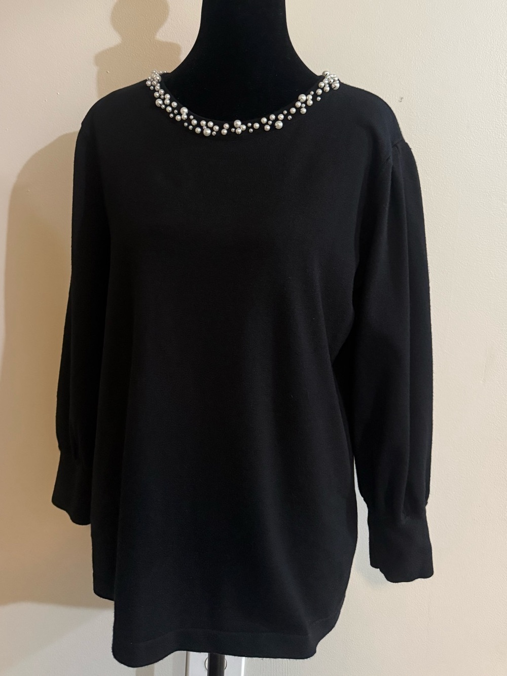 Karl Lagerfeld Black Pearl-Trim Crewneck Sweater